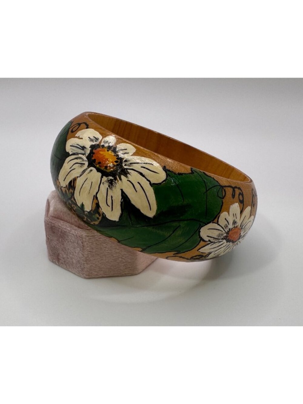 Hand Painted Wooden Bangle Bracelet Signed 1987 Daisy Floral Size 8 Folk Art